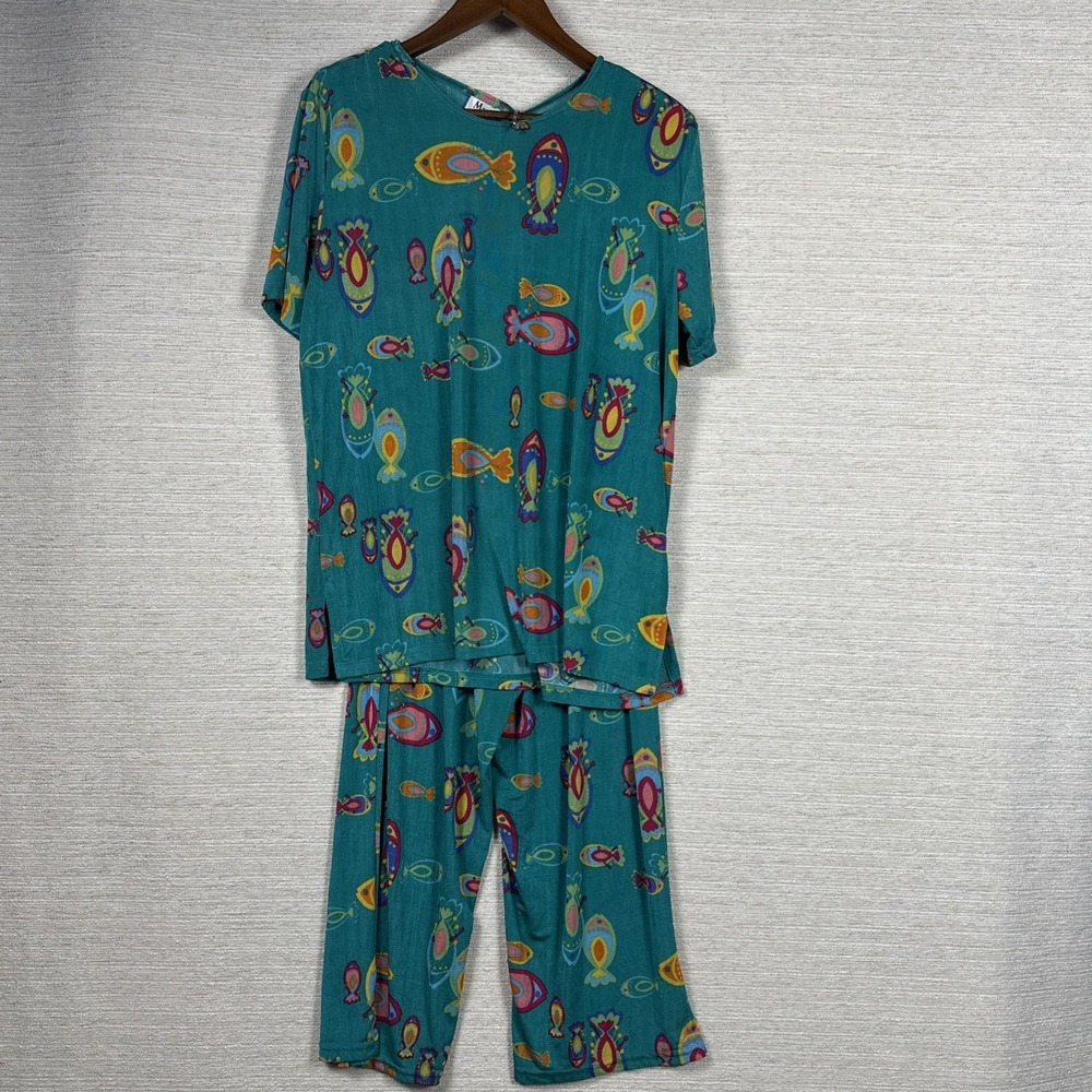 Vintage MaxiMa Fish Print Pant Set Women's L Tropical Beach Lounge Coastal Flowy